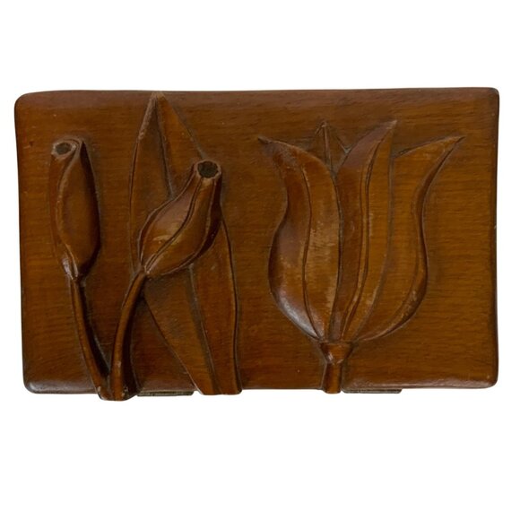 Vintage Handcrafted Wooden Trinket Box Tulip Floral Carved Top Basket Weave - Picture 6 of 8